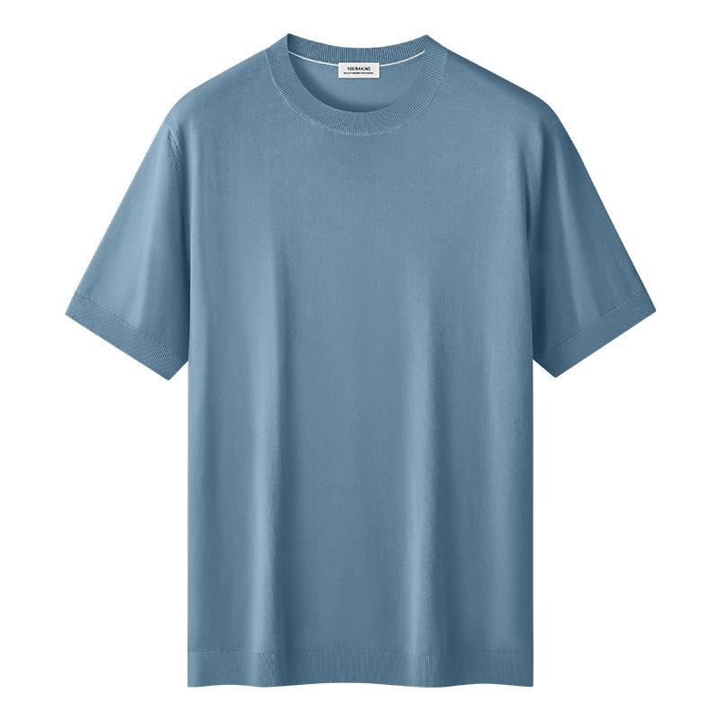 Tシャツ メンズ 男性用 ニットTシャツ 再生繊維 混紡 無地 薄手 半袖 丸首 リブ裾 トップス カットソー ブラック ミディアムグレー