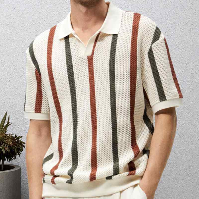ニット ポロシャツ メンズ 粗編み 透かし編み ボーダー 配色 長袖 夏ニット 薄手 接触冷感 カジュアル 普段使い
