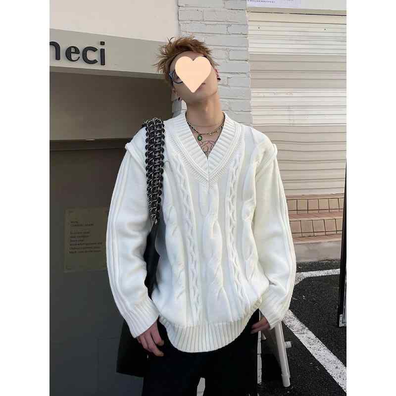 ニット メンズ セーター 秋冬 トップス 長袖 アメカジ ケーブル編み 配色 コットン ゆったりサイズ ホワイト ブラック