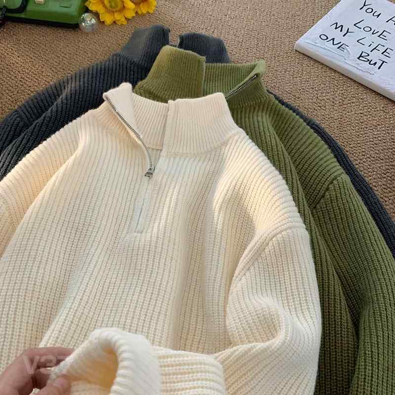ニット メンズ ハーフジップ ハイネック プルオーバー 秋冬 トップス ?松 ゆったり ケーブル編み 黒 グレー 緑 アイボリー