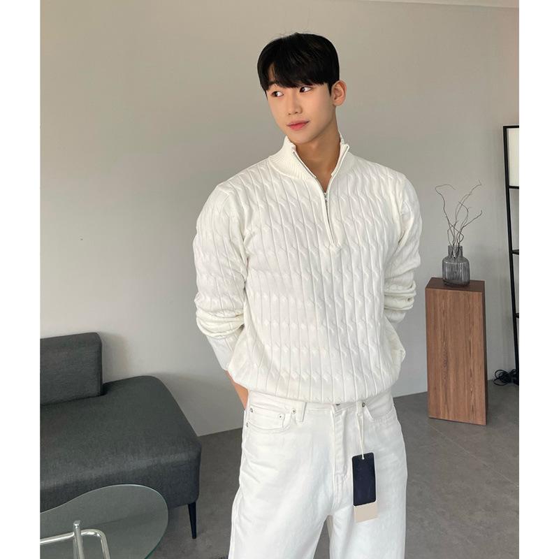 ニット メンズ 長袖 ハーフハイネック プルオーバー ポリエステル トップス 韓国 ゆったりめ 黒 ブラック 白 ホワイト