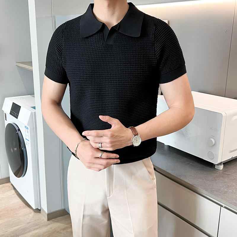 ポロシャツ メンズ 男性用 薄手 ニット 接触冷感 半袖 Tシャツ スリム 韓国 配色 トップス 普段使い