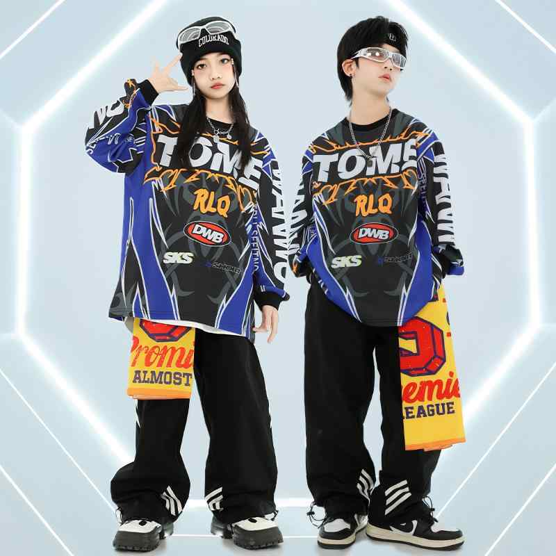 ダンス衣装 キッズ ストリートダンス ヒップホップ ジャズダンス 練習着 上下セット ポリエステル 長ズボン トップス バンダナ ヘアバンド ニット帽 眼鏡 ネックレス 6点セット