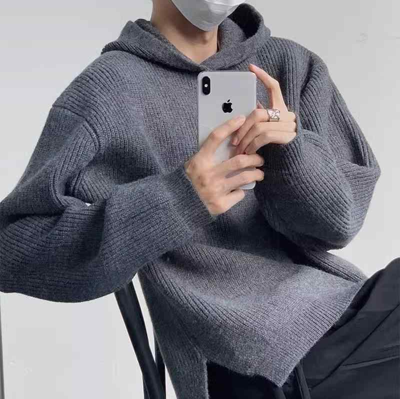 ニット メンズ 男性用 秋冬 韓国 レトロ 無地 フード付き プルオーバー ゆったり 厚手 長袖 ニットセーター トップス カジュアル 普段使い 部屋着 グレー ブラック系 4,436円