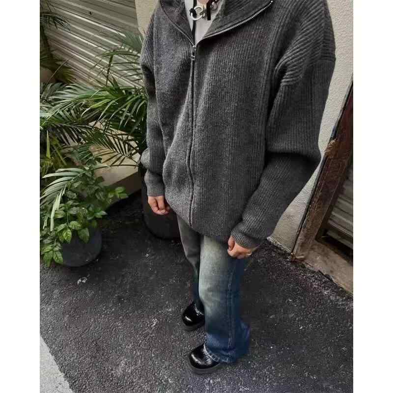 ニット メンズ カーディガン 春秋 ?帽 グレー 厚手 リブ裾 ゆったりサイズ ポリエステル