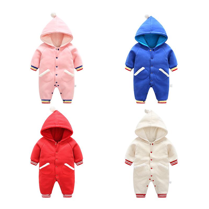 ロンパース ベビー服 秋冬 長袖 新生児 カバーオール ニット 厚手 防寒 フード付き 赤ちゃん 普段使い ピンク系 ブルー系
