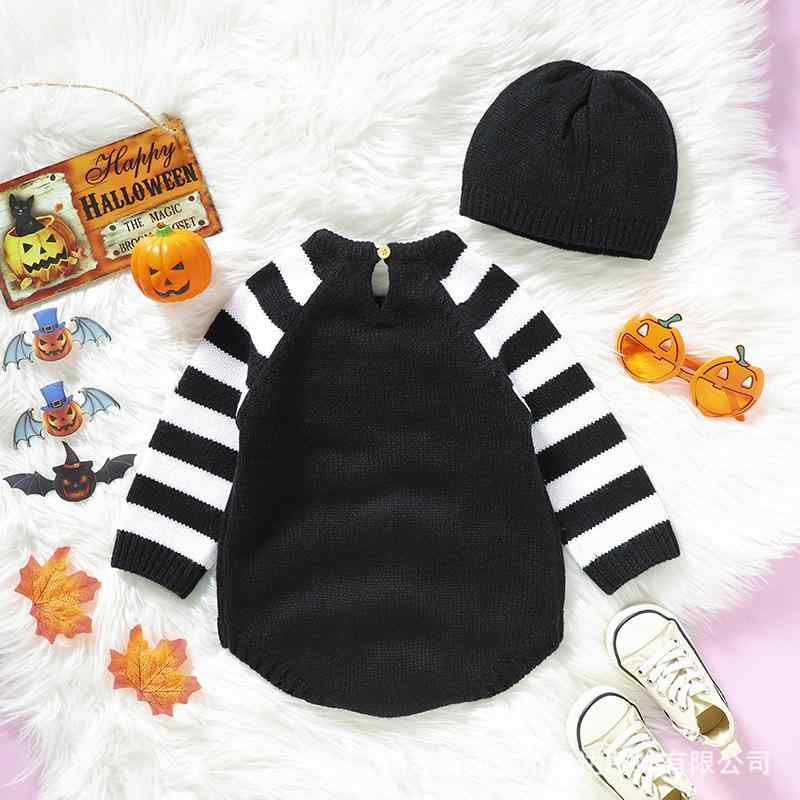 ベビー服 ニット ロンパース ハロウィン 秋冬 長袖 帽子付き ボーダー柄 カバーオール ジャンプスーツ かわいい 普段使い 部屋着