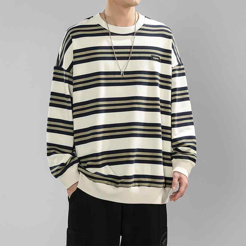 Tシャツ メンズ ストライプ柄 長袖 春秋 薄手 ラウンドネック ドロップショルダー ゆったり 普段使い リラックス ウェア トップス カットソー ブラック系