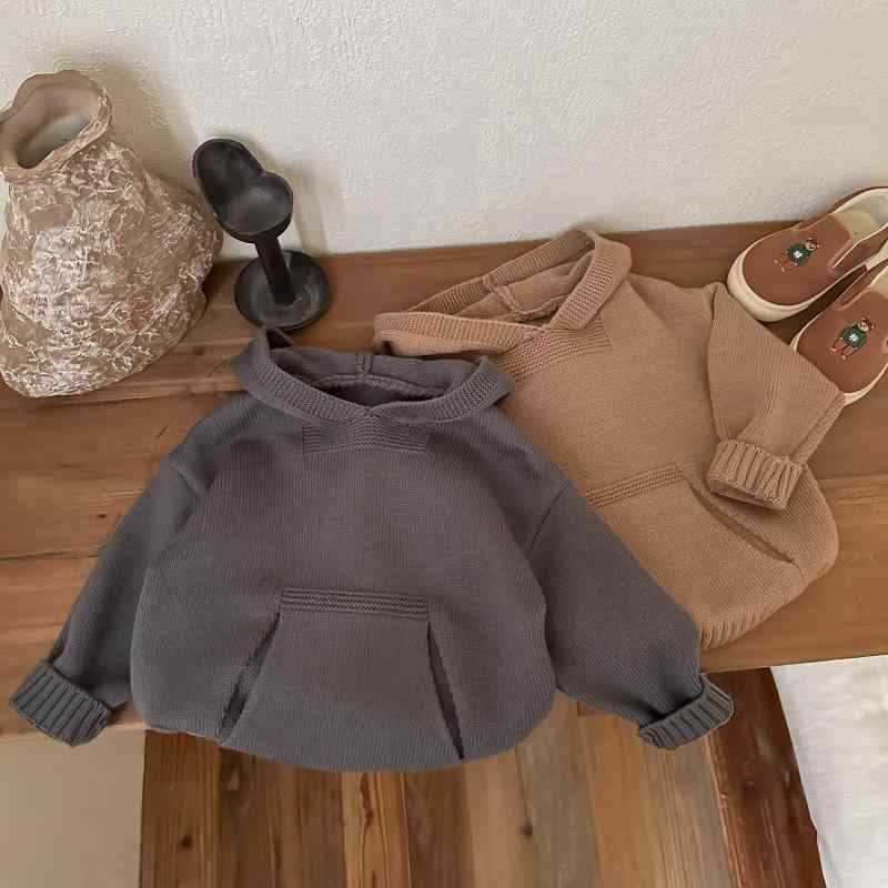 子供服 ニットセーター 秋冬 男女兼用 無地 フード付き プルオーバー トップス 韓国 普段着 かわいい 80 90 100 110 120 130cm グレー ?色