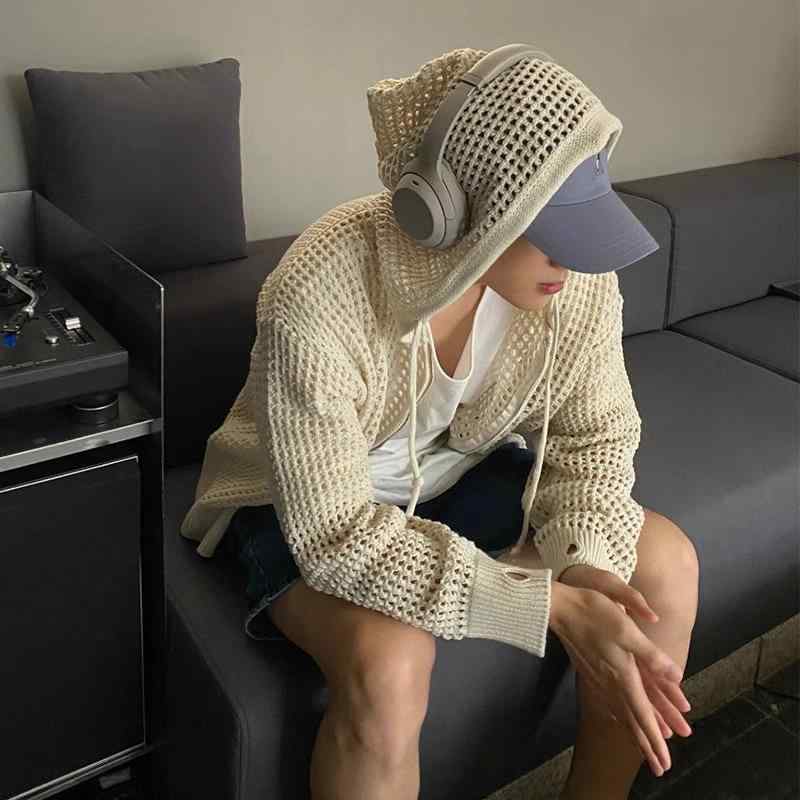 カーディガン メンズ ニット カーディガン フード付き ポリエステル 長袖 薄手 羽織り 春 通勤 カジュアル 高見え カーキ ブラック
