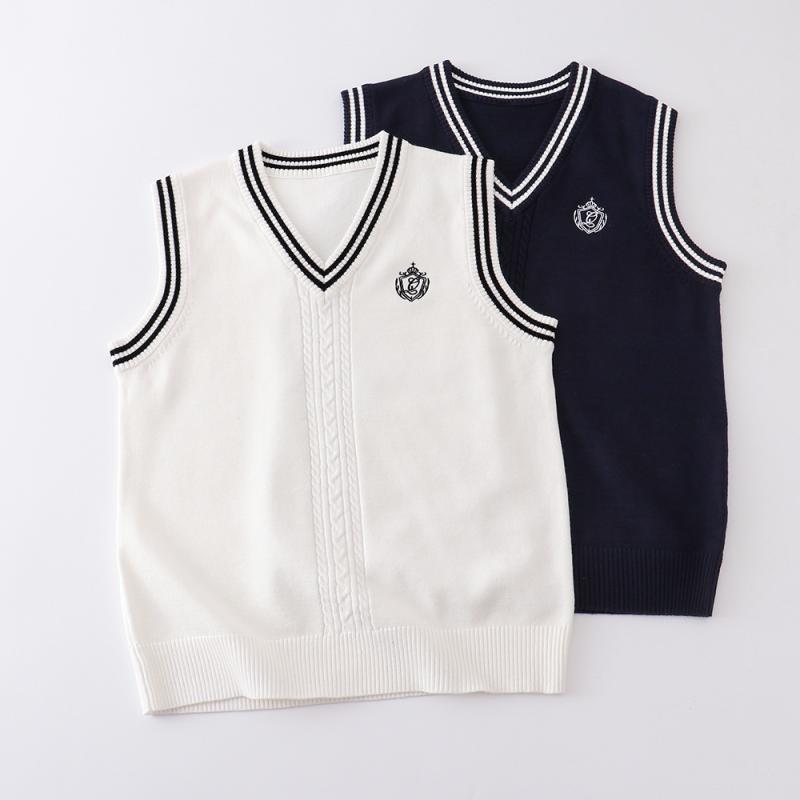 ニットベスト レディース メンズ スクール Vネック コットン 学院風 刺繍 ホワイト 紺色 制服 かわいい 重ね着 レイヤードスタイル
