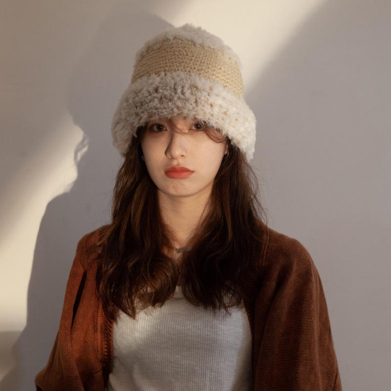 帽子 レディース 秋冬 韓国 ニット帽 ウール 白 日系 ケーブル編み バケットハット ファー 暖かい 防寒 漁夫帽(x2)