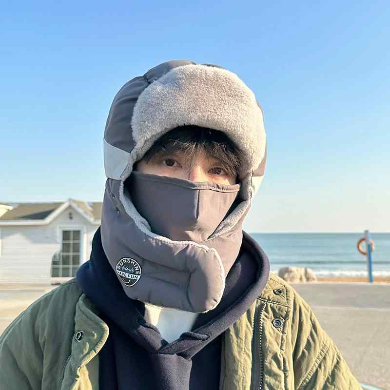 帽子 メンズ 防寒 耳当て付き 防風 冬用 キャップ サイクル バイク あったか フェイスカバー グレー ピンク系 ブラック(x2)