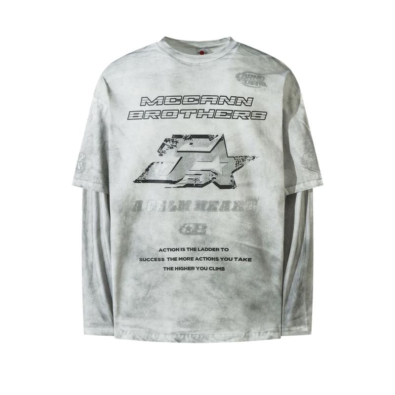 Tシャツ メンズ 男性用 美式 ヴィンテージ ストリート 長袖 コットン プリント クルーネック プルオーバー トップス