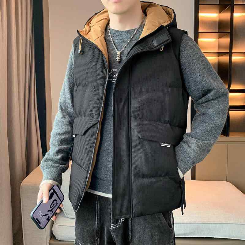 ベスト メンズ 男性用 提花模様 フード付き 中綿 チョッキ 暖かい 防寒 秋冬 ペア スタイル ゆったり リラックス おしゃれ着 アウター ポリエステル 黒 ブラック ベージュ キャメル(x2)|LINEAR shop