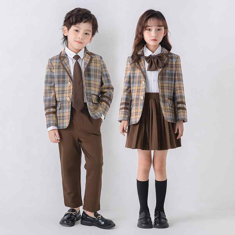 キッズ フォーマル スーツ セットアップ 春秋 長袖 ジャケット スカート ズボン シャツ ベスト付き チェック柄 小学生 中学生 制服 卒業式 入学式