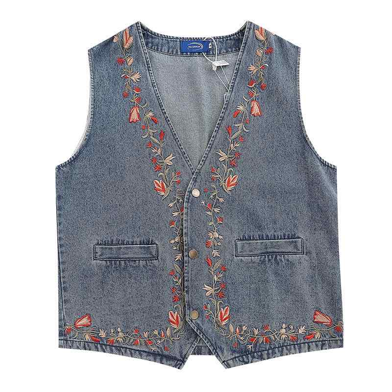 ベスト 男性用 デニム コットン Vネック 刺繍 花柄 レトロ 古着風 カジュアル 普段使い
