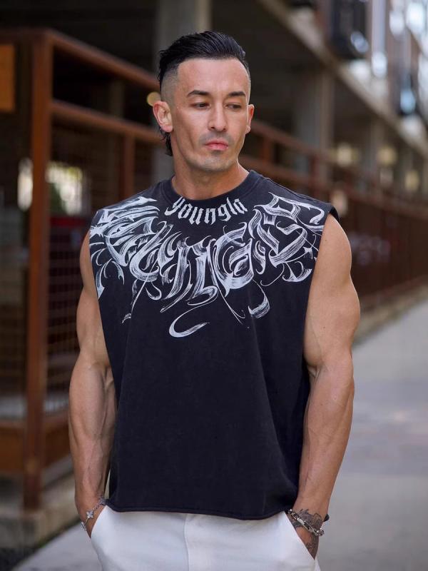 タンクトップ メンズ 男性用 プリント ロゴ コットン 運動 スポーツ トレーニング ジム ウェア ノースリーブ Tシャツ ブラック ホワイト ネイビー ワインレッド