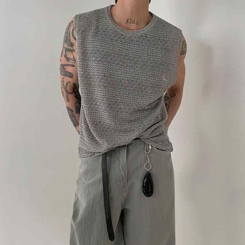 Tシャツ メンズ ニット ベスト 夏 接触冷感 韓国 ゆったり ノースリーブ トップス ラウンドネック 無地 グレー ブラック 4,257円