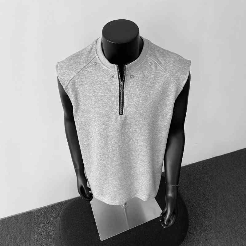 Tシャツ メンズ タンクトップ グレー 接触冷感 ポリエステル スポーツ トレーニング 高 Street ラウンドヘム メタルスタッズ装飾