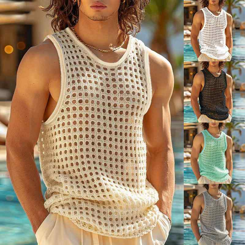 Tシャツ 男性用 ノースリーブ メッシュ 接触冷感 ポリエステル スポーツ トレーニング インナー 杏色 ホワイト ブラック ライトグリーン ライトグレー(x2)