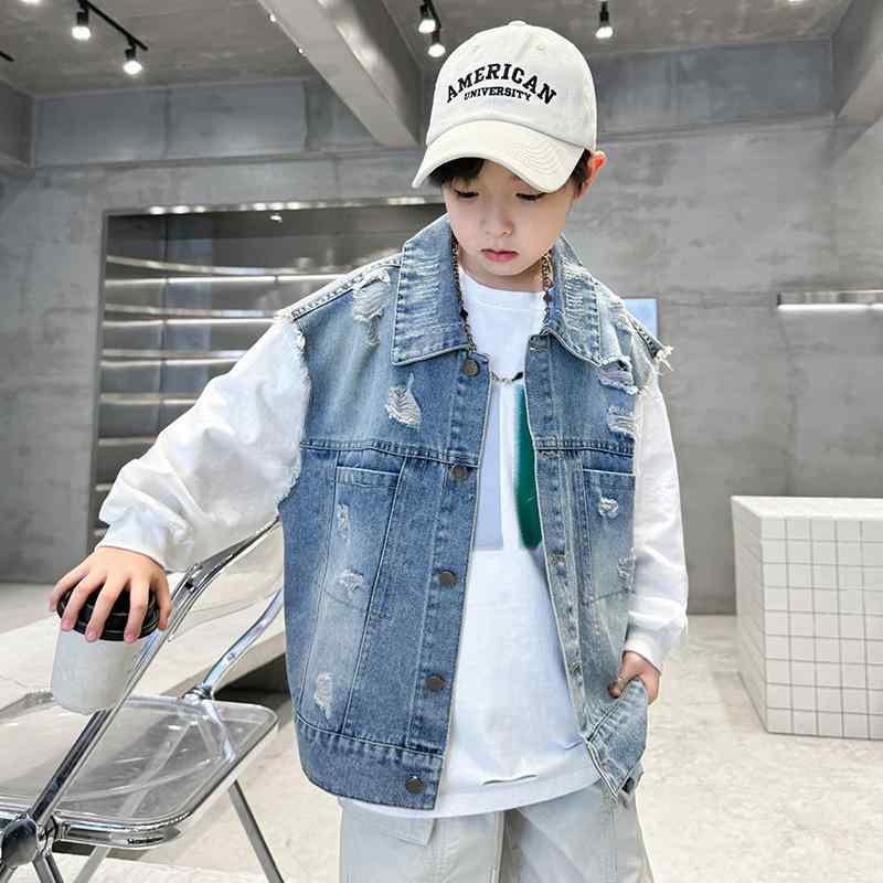 キッズ デニムベスト 男の子 子供服 春秋 薄手 中 толстовка アウター ノースリーブ トップス チョッキ おしゃれ 普段着