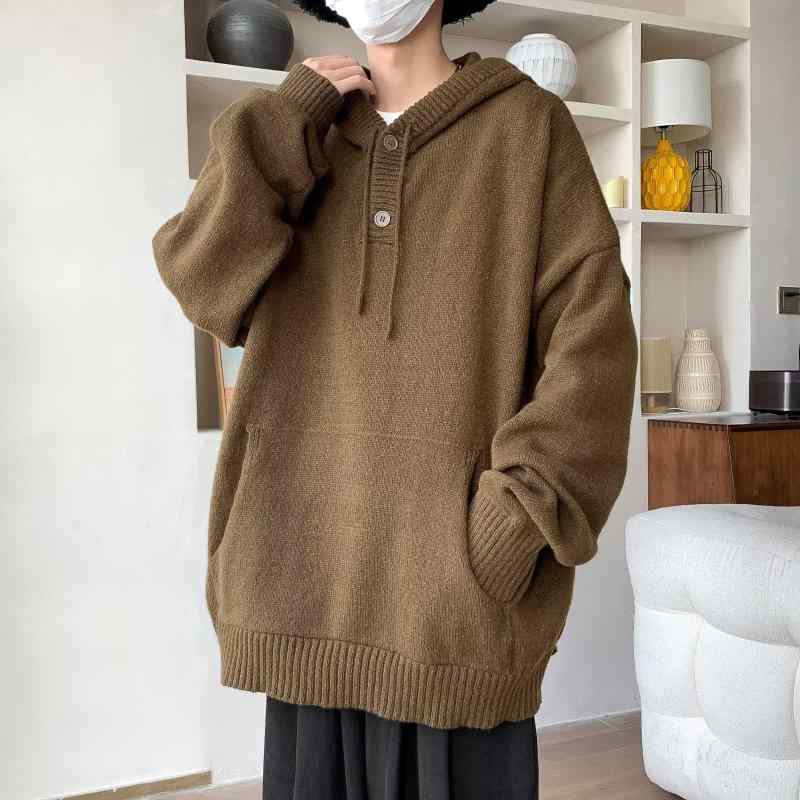 ニット メンズ 秋冬 フード付き プルオーバー 長袖 港風 リブ 裾 流行 カジュアル トップス ゆったり ブラック ブラウン