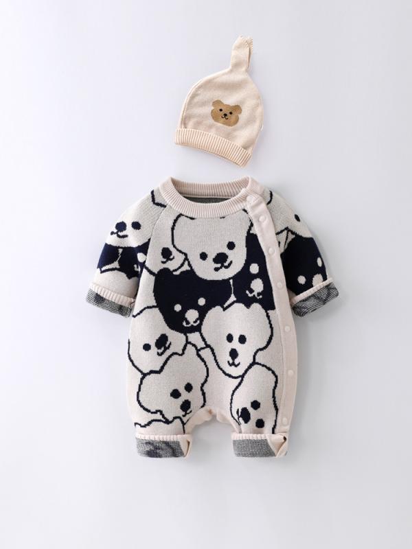 ベビー服 長袖ロンパース 帽子付き ニットセーター 綿 春秋冬 66cm 73cm 80cm 90cm 100cm かわいい 赤ちゃん 普段使い