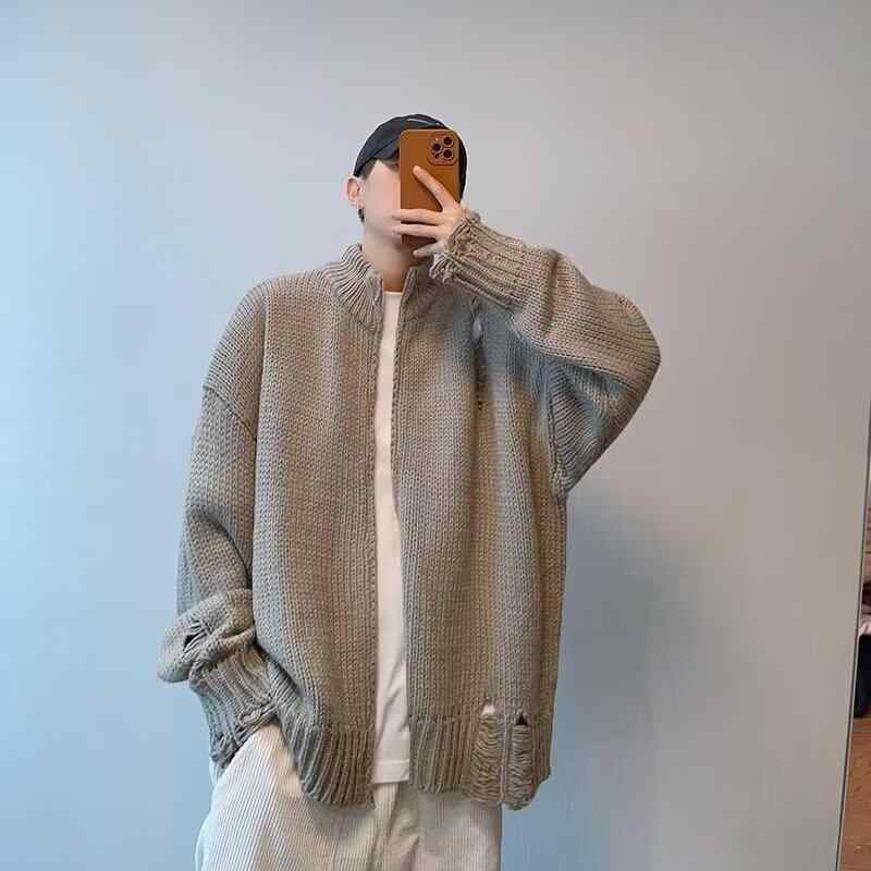 カーディガン メンズ ダメージ加工 ニット アウター 長袖 秋冬 ゆったり 韓国 ルーズ 白 緑 4,644円