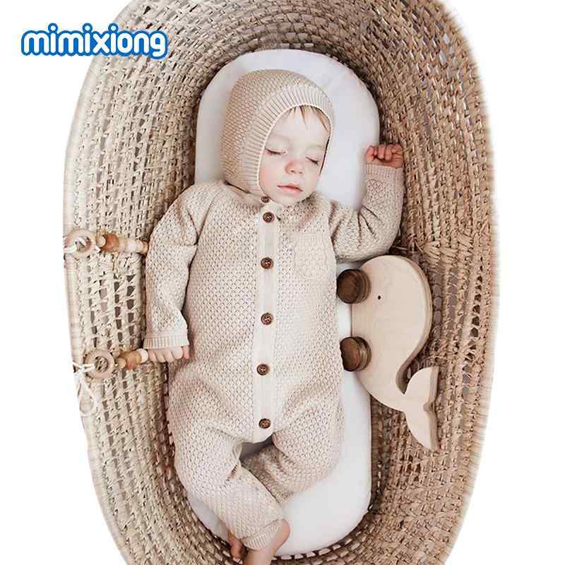 ベビー服 ニットロンパース 帽子付き 長袖 前開き コットン 春秋冬 新生児 赤ちゃん ピンク グレー