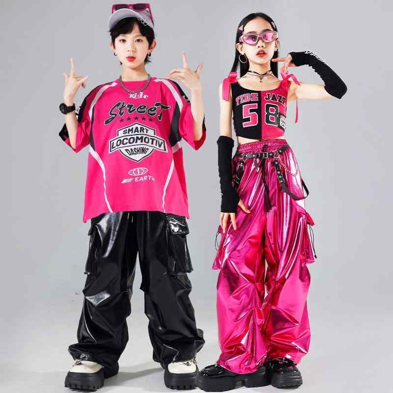 ダンス衣装 キッズ 男女兼用 ヒップホップ ストリートダンス 子供 演出服 ジャズダンス セットアップ 舞台衣装 練習着 ポリエステル繊維 夏 ブラック ピンク系(x2)