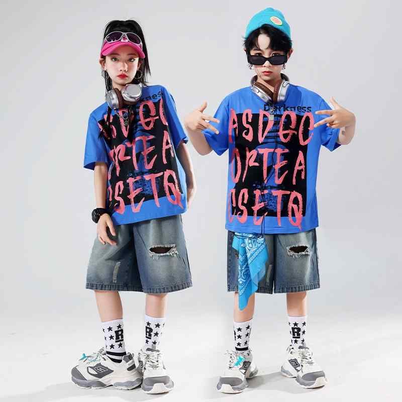 子供用ダンス衣装 キッズ ヒップホップ セットアップ ガールズ ジャズダンス ストリート 舞台演出服 ポリエステル 破れ加工 デニム 短パン付き 春夏(x2)