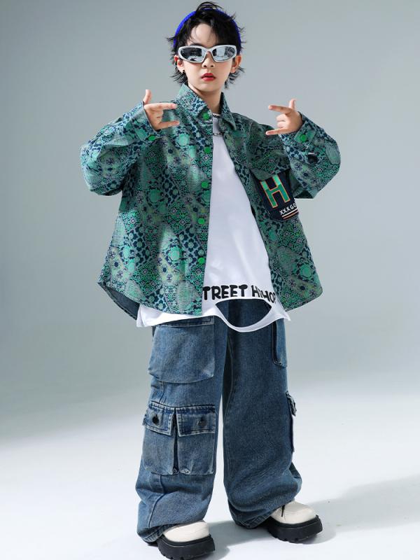 ダンス衣装 キッズ ヒップホップ 長袖シャツ デニムパンツ 2点セット 子供 女の子 男の子 演出服 ジャズダンス ストリート かわいい 秋(x2)
