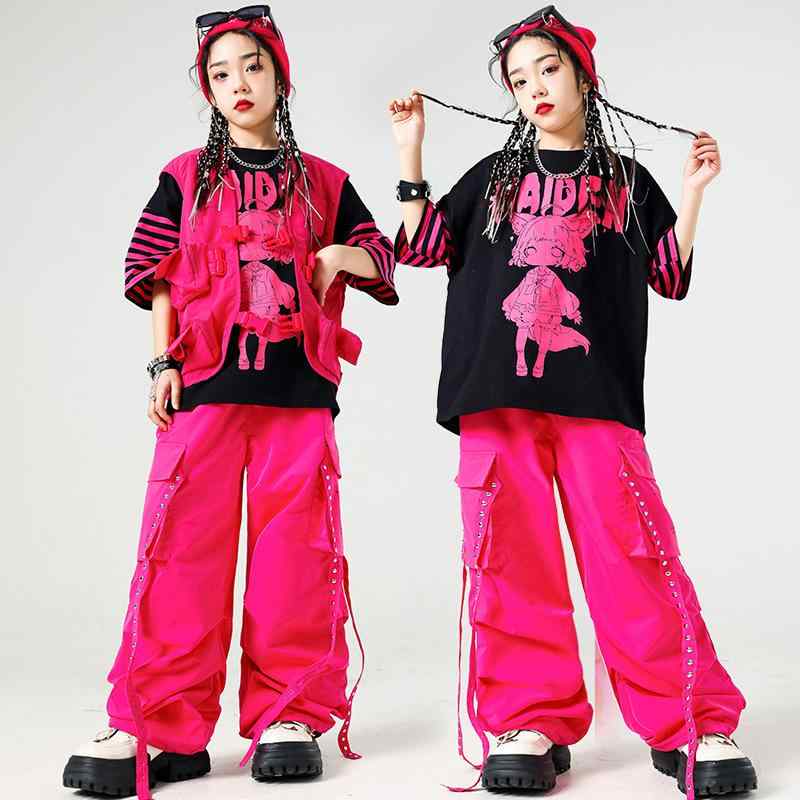 子供用ダンス衣装 セットアップ ヒップホップ ストリートダンス 女の子 ベスト ショー パフォーマンス ウェア 綿 混紡 黒 ピンク系(x2) 5,455円