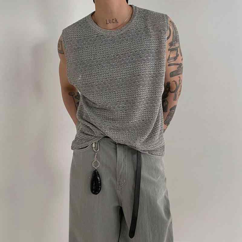 ニットベスト メンズ ノースリーブTシャツ 韓国 ポリエステル 接触冷感 涼しい 夏ニット カットソー ラウンドネック 無地 ルーズフィット カジュアル スタイル