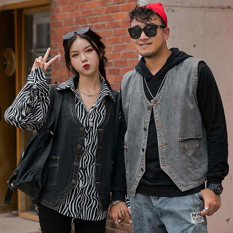 ベスト 男性用 デニム スリムフィット Vネック 袖なし トップス コットン カジュアル 韓国 ブラック グレー ブルー 春夏