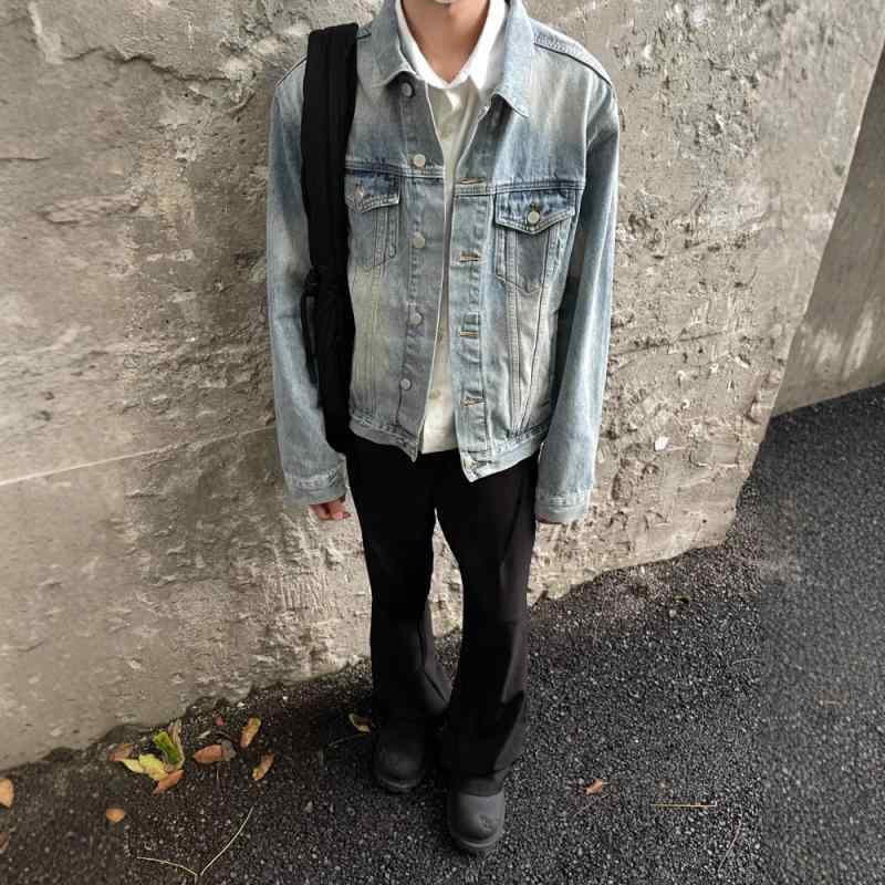 デニムジャケット メンズ Gジャン ウォッシュ加工 コットン 春秋 ルーズフィット 水色 立体ポケット
