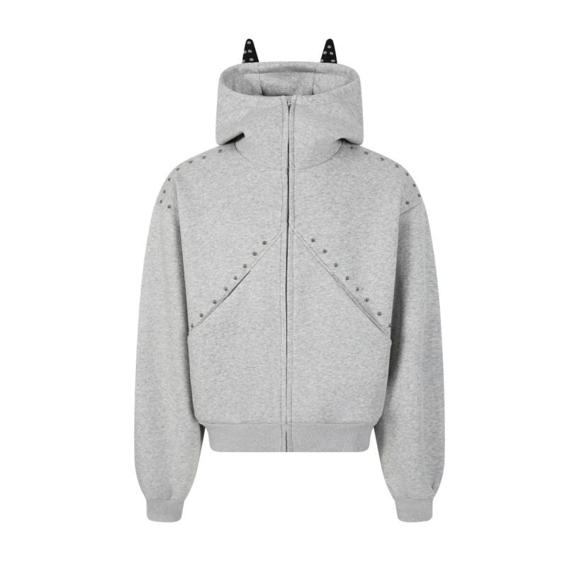 パーカー メンズ 男性用 アメリカンレトロ ドッグモチーフ スタッズ ジップアップ スウェット 麻グレー 黒 M L XL