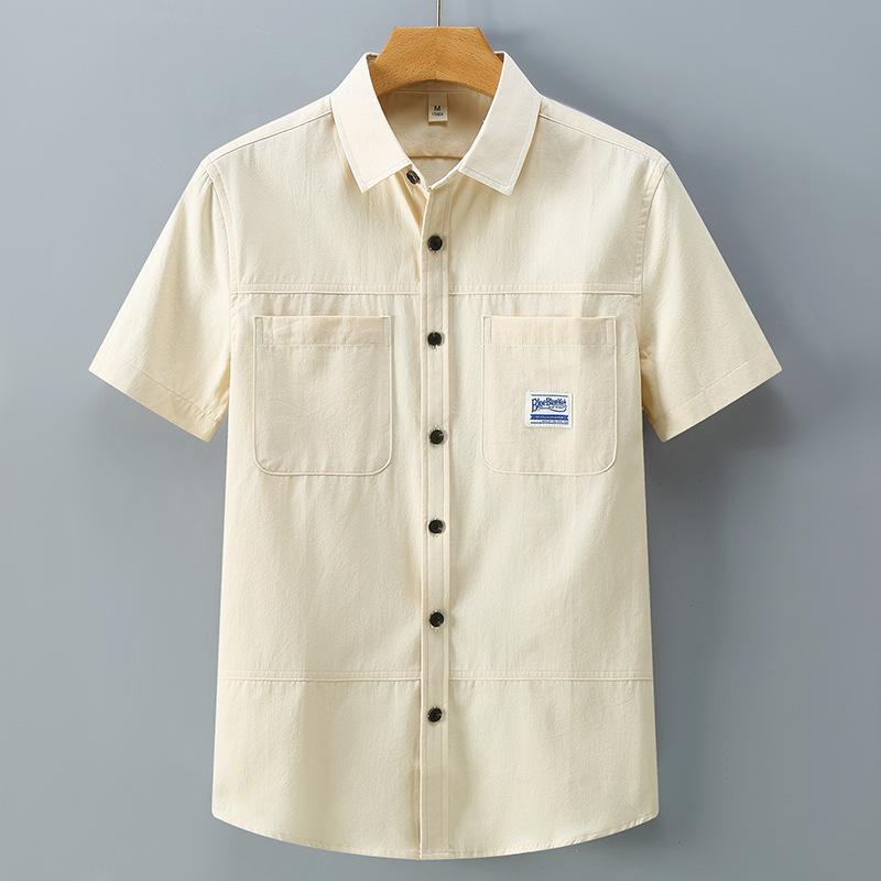 シャツ メンズ 男性用 半袖 コットン ワークシャツ レトロ 古着風 無地 ポケット付き 普段使い 薄手 軍緑 グレー 杏色 キャメル M L XL 2XL 3XL