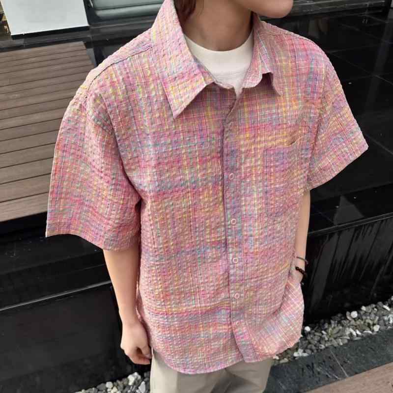シャツ メンズ 格子柄 楊柳 半袖 ルーズフィット トップス 春夏 カジュアル ピンク系(x2)
