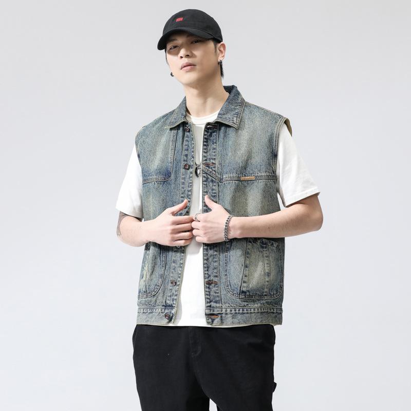 ベスト メンズ 男性用 デニムベスト 韓国 レトロプリント ウォッシュ加工 ノースリーブ ジャケット コットン混紡 普段使い 古着風