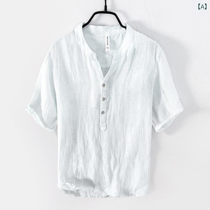 Tシャツ メンズ リネン トップス 無地 半袖 カットソー Vネック 薄手 カジュアル 男性用 春秋服 ホワイト カーキ グレー(x2)｜LINEAR shop
