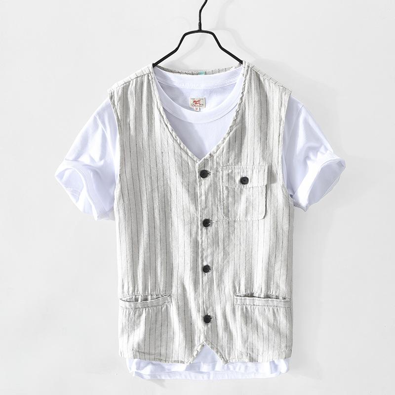 ベスト 男性用 コットン リネン ストライプ ゆったり 羽織り トップス 夏ベスト チョッキ 米白 ブルー M L XL 2XL 3XL(x2)|LINEAR shop