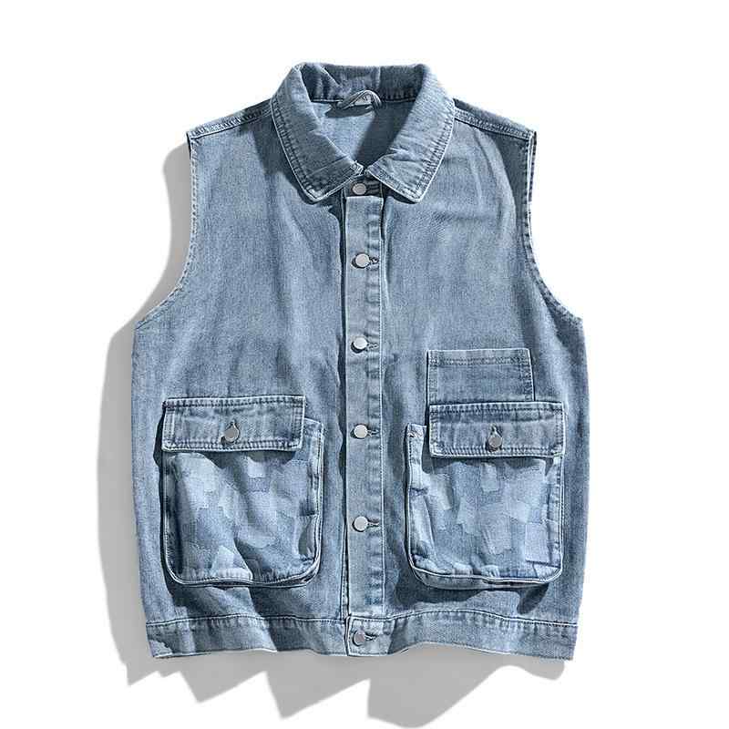 ベスト 男性用 水洗 デニム 街着 ルーズフィット スタンドカラー ノースリーブ ブルゾン ブラック ブルー M L XL 2XL 3XL