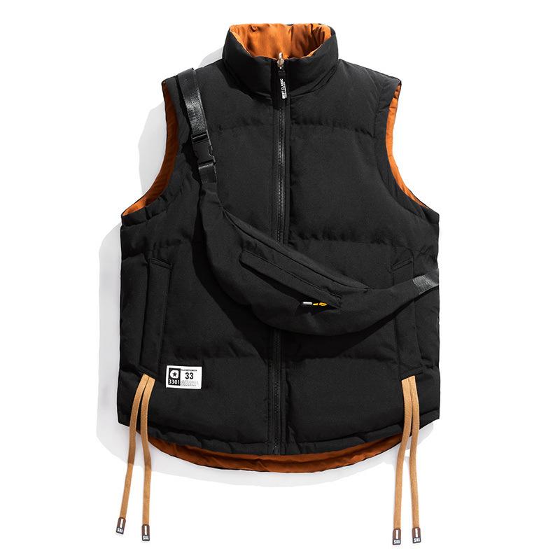 メンズ 中綿ベスト 斜めがけバッグ付き スタンドカラー カジュアルスタイル 秋冬 2way リバーシブル ブラック グリーン ホワイト(x3)