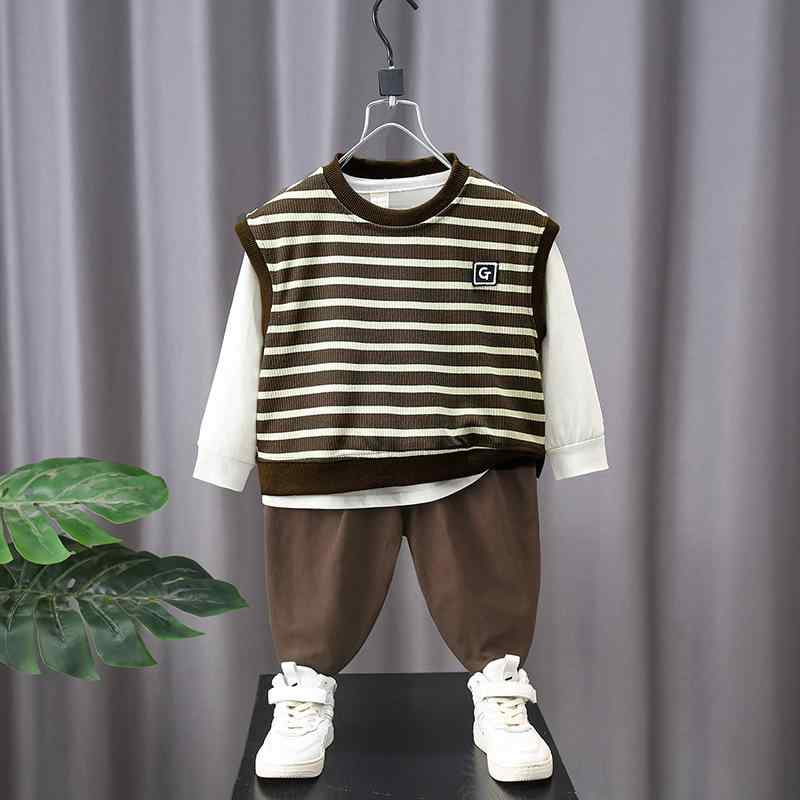 子供用セットアップ 春秋 男の子 ストライプ柄 ニットベスト付き 3点セット コットン カジュアル 普段着 長袖トップス 長ズボン 全2色