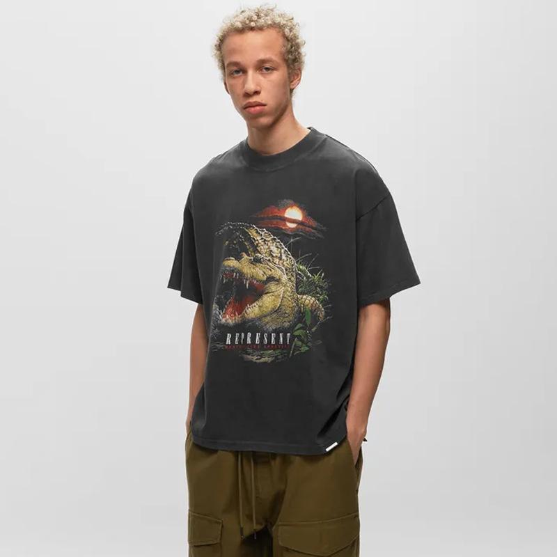 Tシャツ メンズ コットン ?? アリゲーター 夕焼け サンセット プリント トップス カットソー 半袖 綿 ストリート カジュアル ブラック