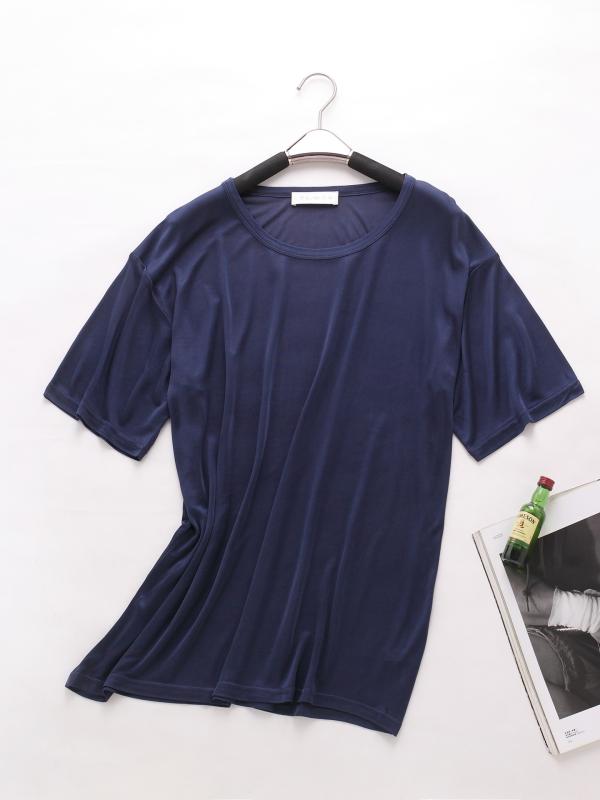 Tシャツ 男性用 桑蚕糸 半袖 インナーシャツ ニット 無地 薄手 ラウンドネック 白 グレー 黒 紺 スカイブルー