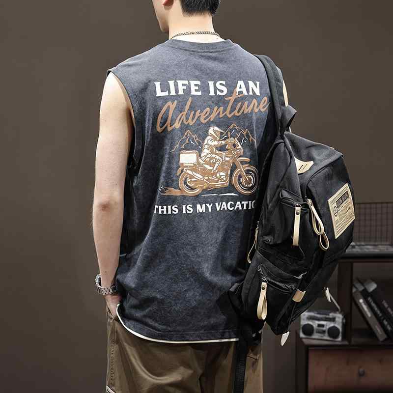 タンクトップ メンズ 男性用 ノースリーブ Tシャツ アメカジ ストリート スポーツ 運動着 部屋着 ルームウェア ゆったり 普段使い 麻混紡 ブラック グレー