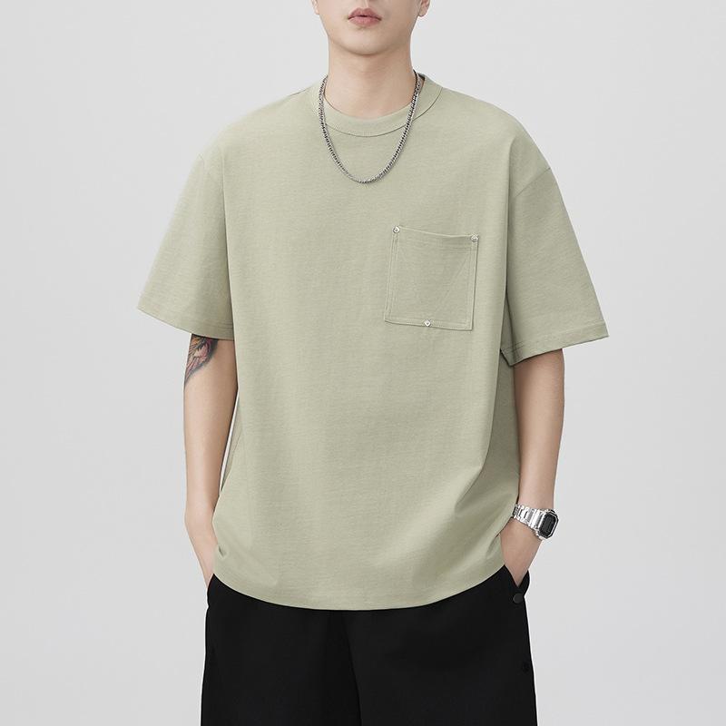 Tシャツ メンズ 半袖 コットン ポケット付き 無地 ルーズフィット クルーネック ドロップショルダー ブラック ホワイト グリーン カジュアル